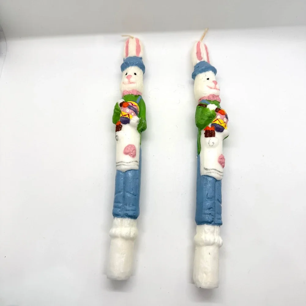 VTG Easter‎ Bunny Taper Candles Set 2 Blue Green 10